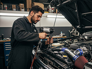 A mechanic working on an engine.